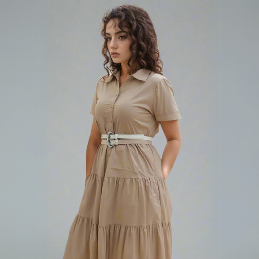 The Chic Button-Front Tiered Dress - Beige