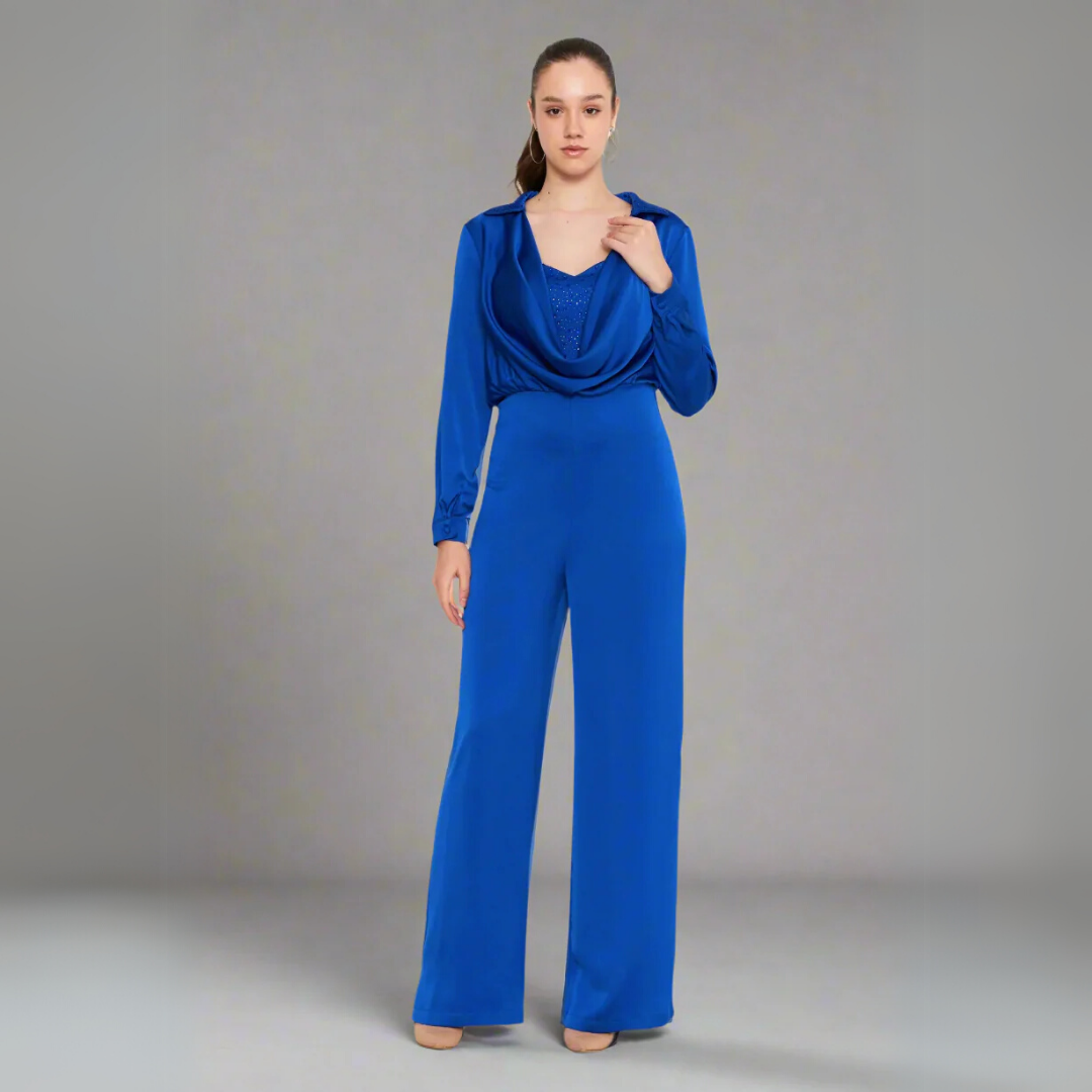 Long Sleeve Blue Casual Jumpsuit