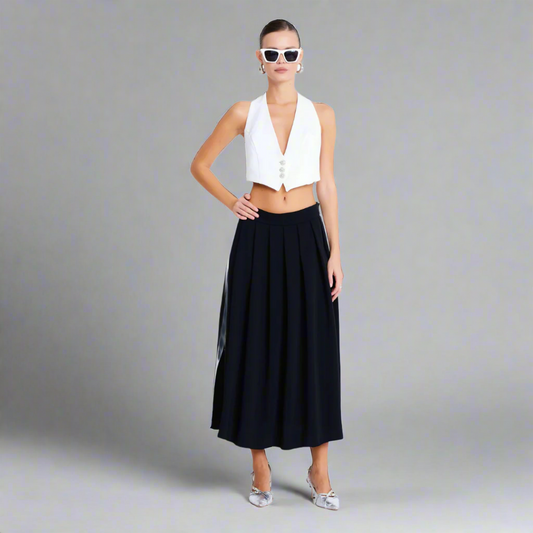 The Pleated Midi Skirt with Contrast Side Stripe