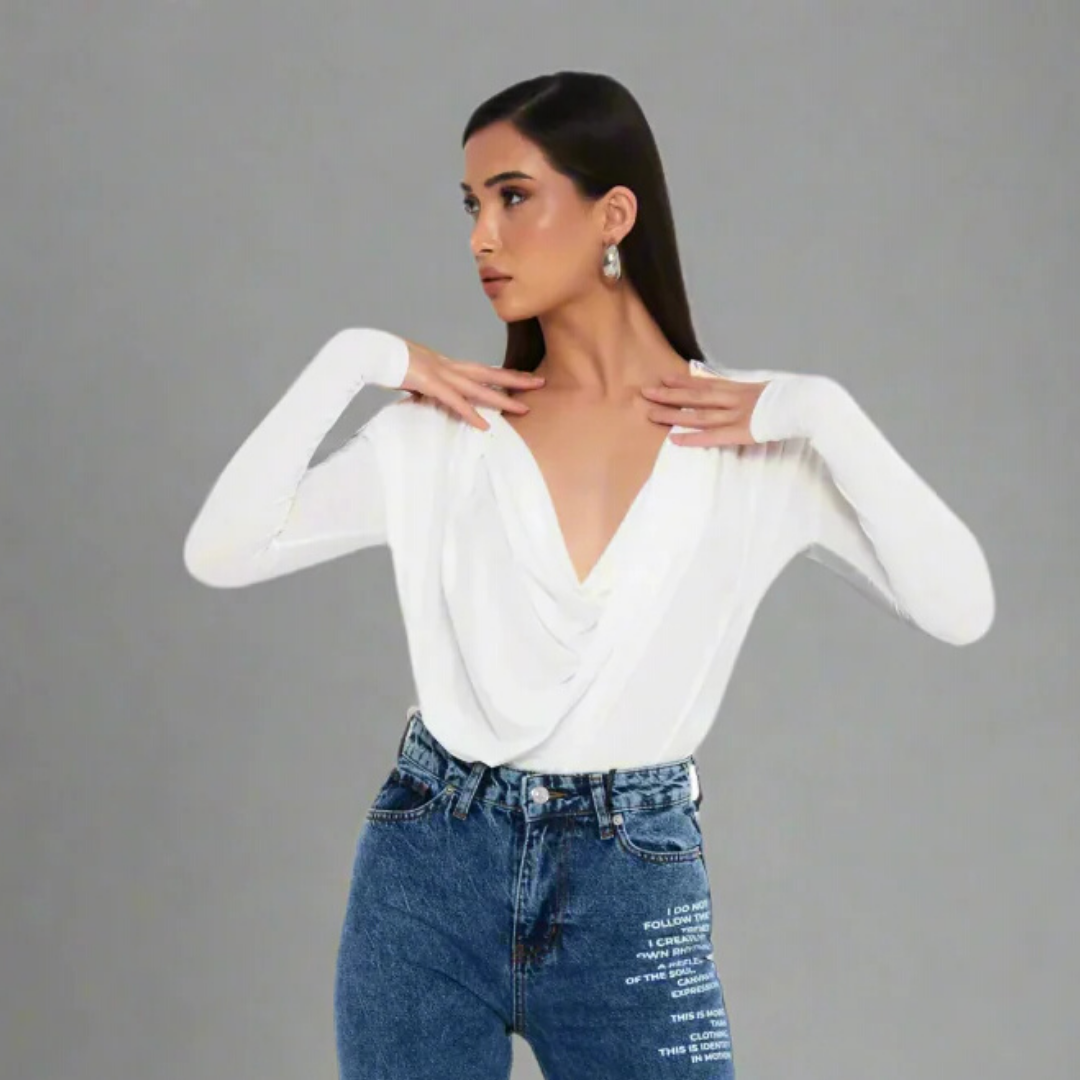 The Elegant Draped Wrap Bodysuit - White