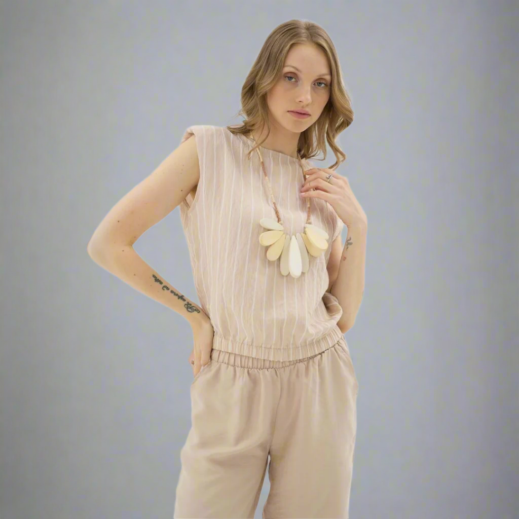 Pinstripe Sleeveless Top - Beige