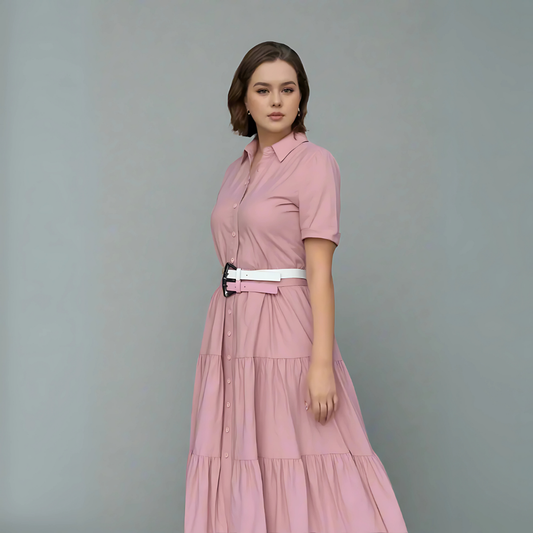 The Chic Button-Front Tiered Dress - Pink