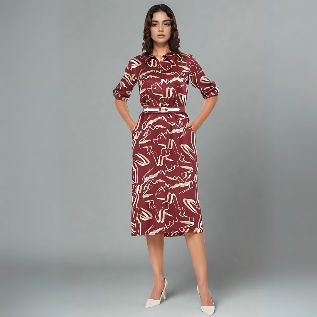 Patterned Red Midi Dress