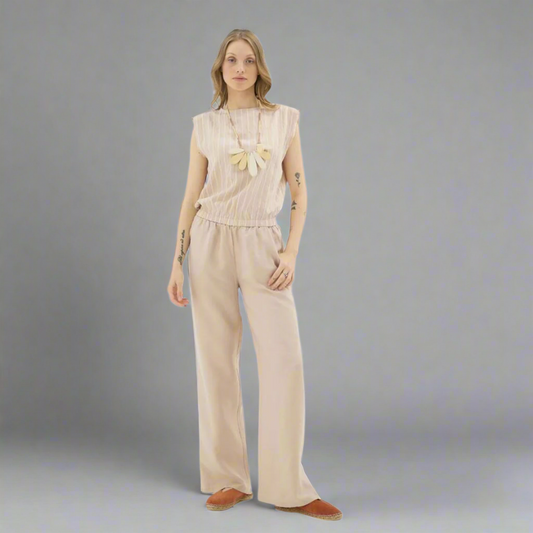 بلوزة مخططة بدون أكمام - بيج