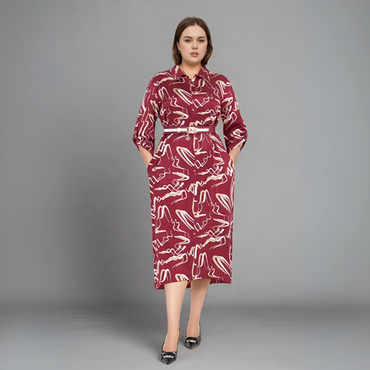 فستان أحمر منقوش متوسط الطول