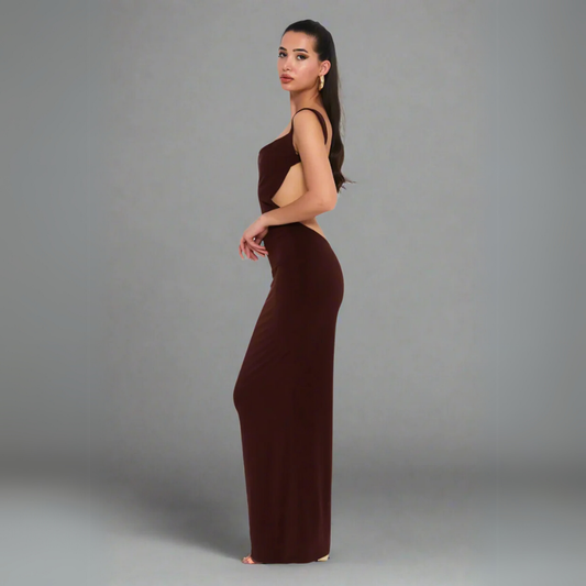 فستان ماكسي مفتوح الظهر بتصميم منحوت - بني