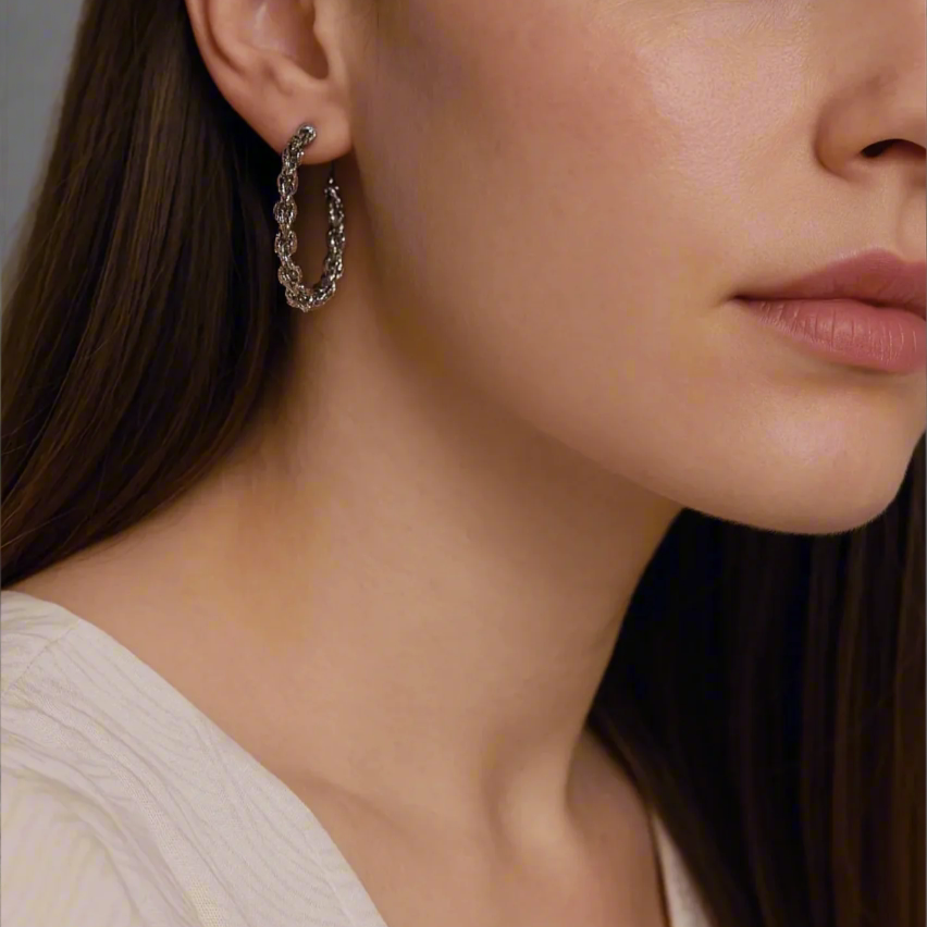 The Textured Rope-Knot Hoop Earrings - Silver