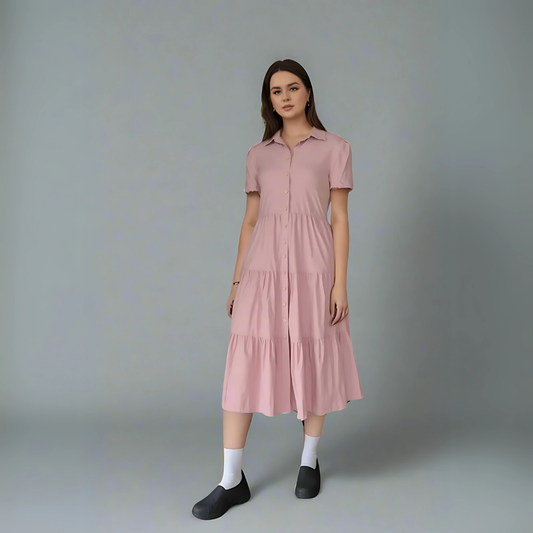 The Chic Button-Front Tiered Dress - Pink