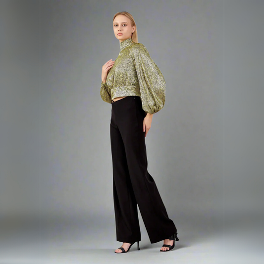 بلوزة مطبوعة مفتوحة الظهر بأكمام واسعة - أصفر