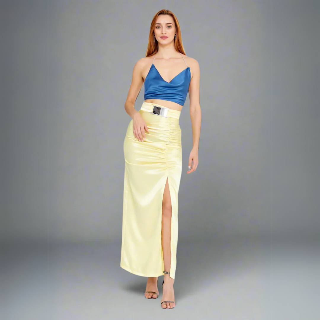 Ruched High-Slit Maxi Skirt - Yellow