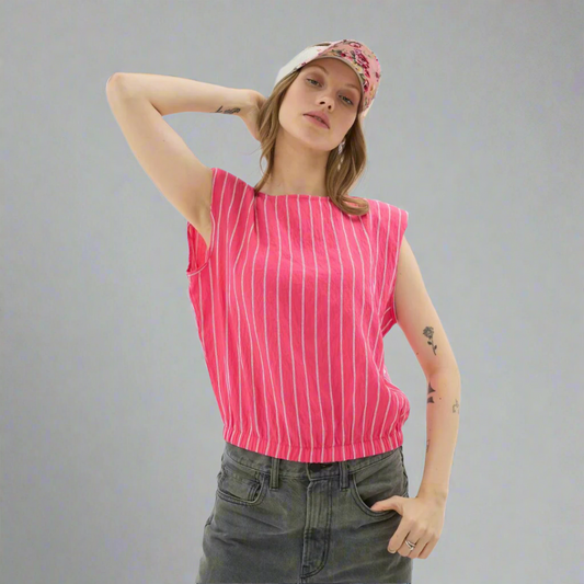 بلوزة مخططة بدون أكمام - فوشيا