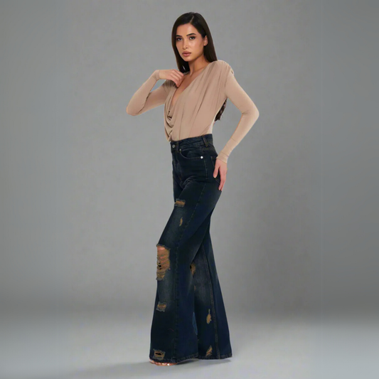 The Elegant Draped Wrap Bodysuit - Beige