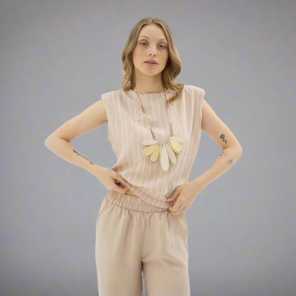 Pinstripe Sleeveless Top - Beige