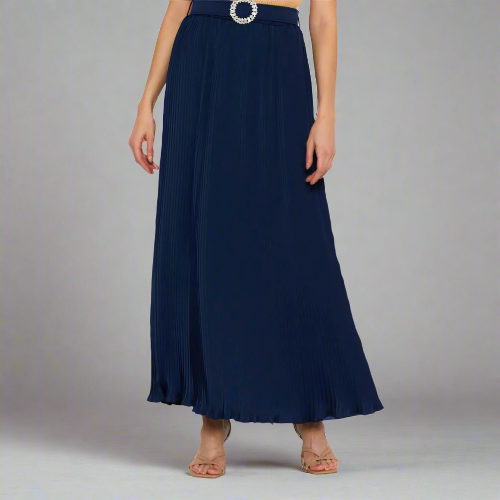 The Pleated Polyester Maxi Skirt with Belt Detail