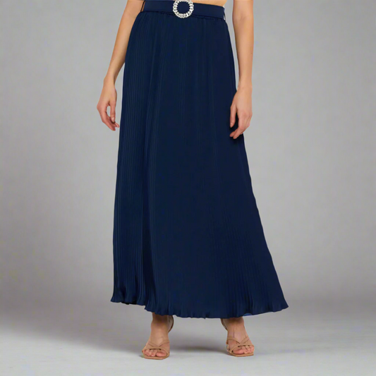 The Pleated Polyester Maxi Skirt with Belt Detail