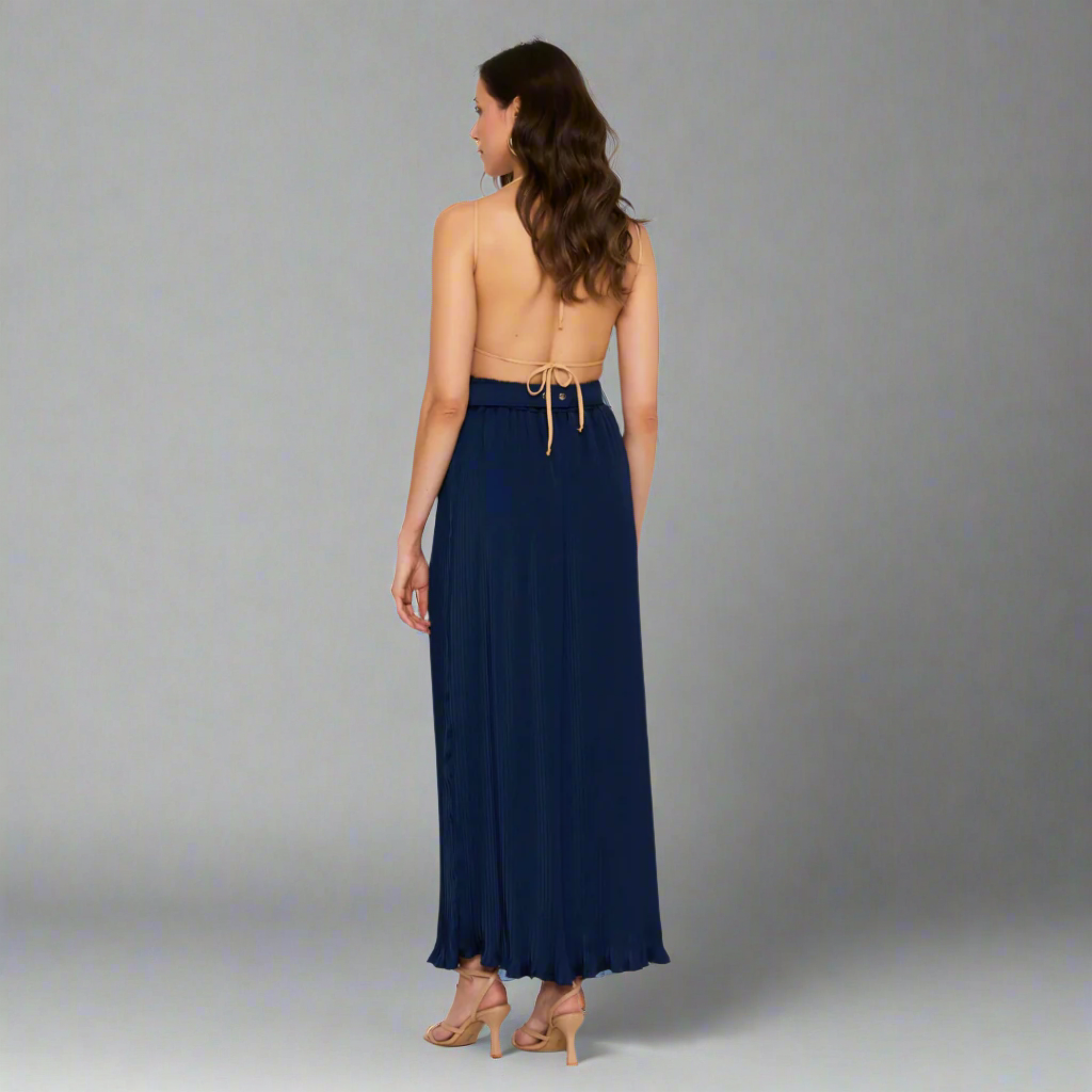 The Pleated Polyester Maxi Skirt with Belt Detail