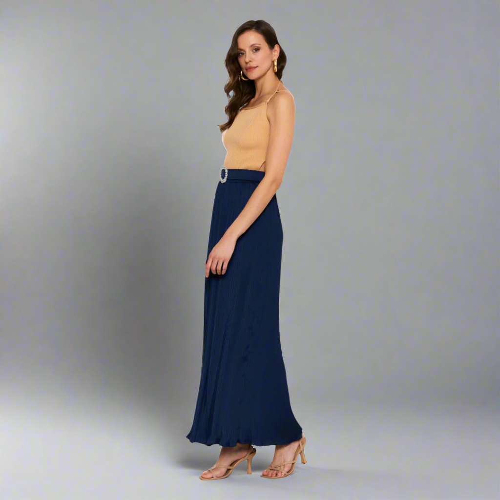 The Pleated Polyester Maxi Skirt with Belt Detail