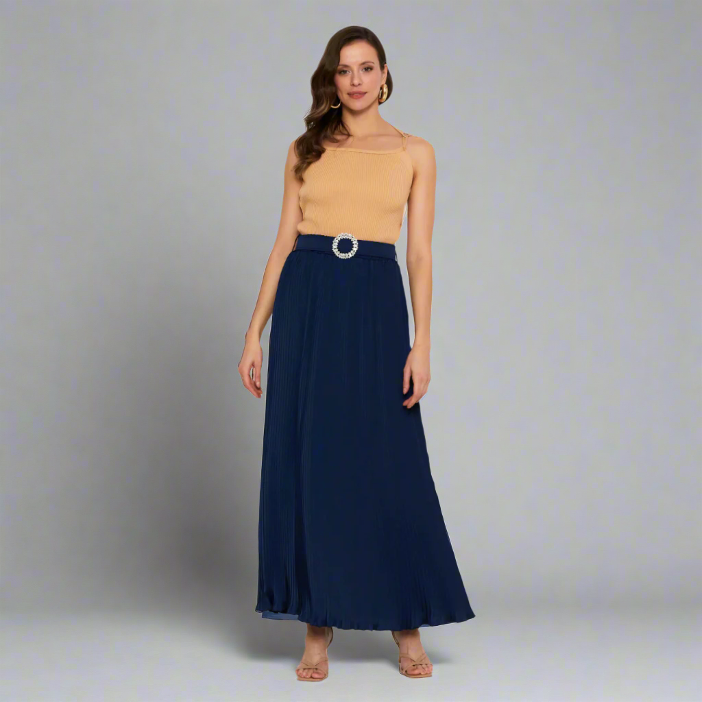 The Pleated Polyester Maxi Skirt with Belt Detail