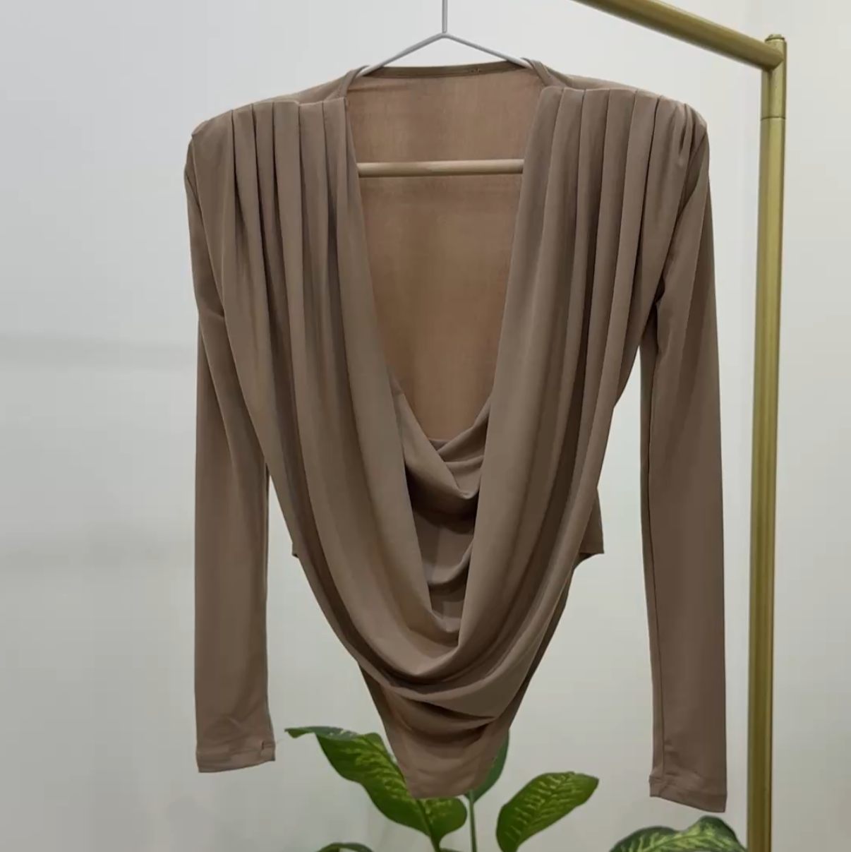 Brown sweater on a hanger against a white wall with a plant in the foreground.
