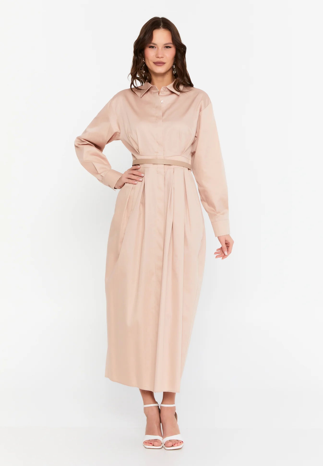 The Classic Collared Maxi Shirt Dress - Beige The Classic Collared Maxi Shirt Dress - Beige