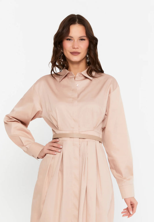 The Classic Collared Maxi Shirt Dress - Beige