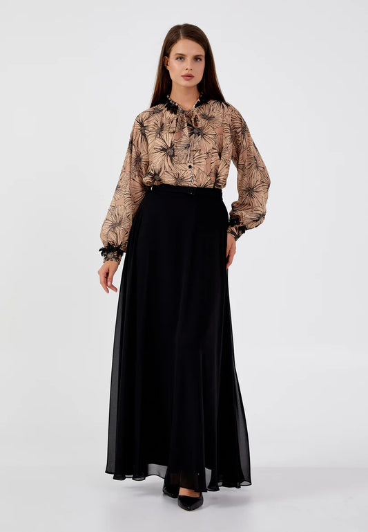 The Elegant Floral Chiffon Two-Piece Set - Brown