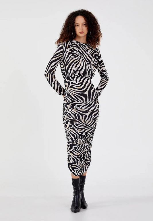 The Zebra Print Ruched Midi Dress