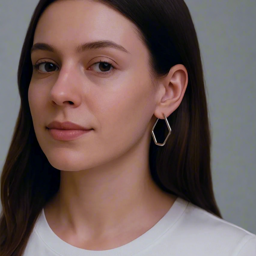 The Geometric Hexagonal Hoop Earrings - Silver