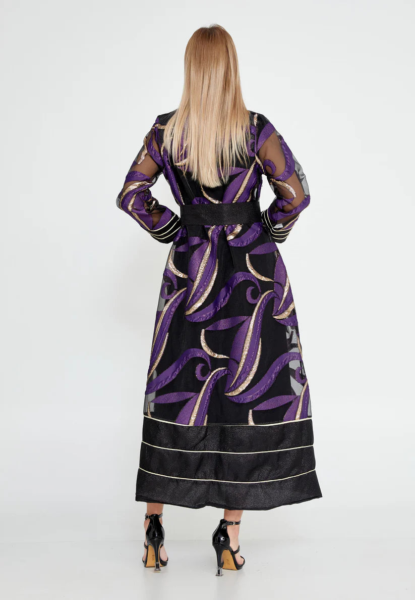 The Artistic Tulle Overlay Abaya with Metallic Accents - Purple
