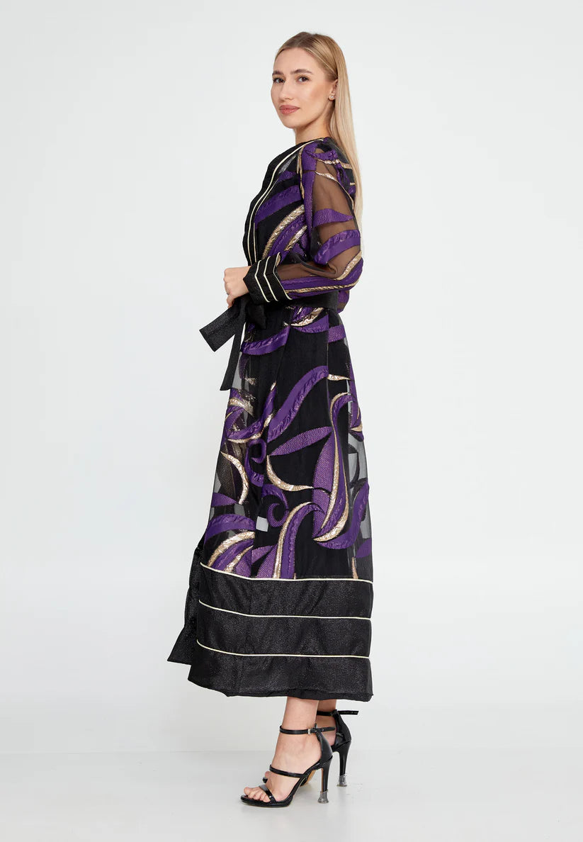 The Artistic Tulle Overlay Abaya with Metallic Accents - Purple