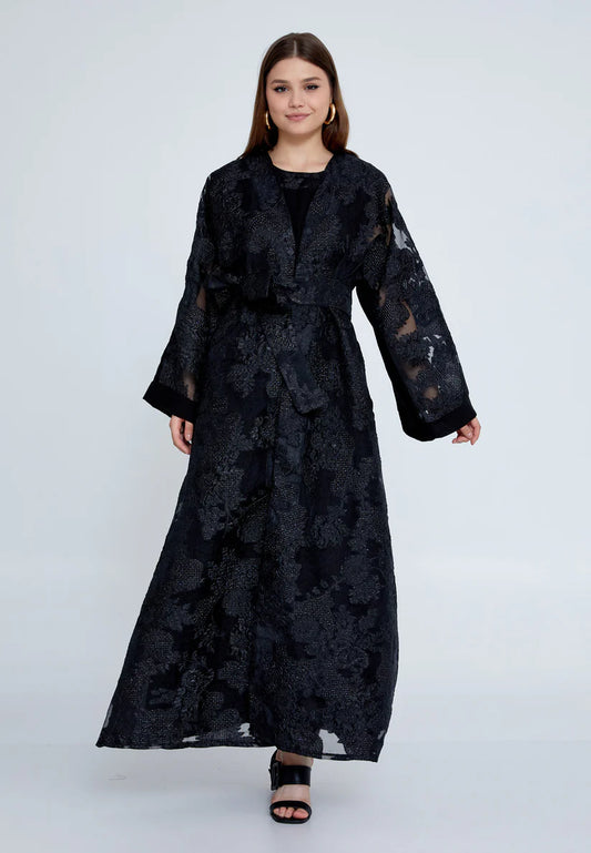 The Midnight Floral Tulle Overlay Abaya Set