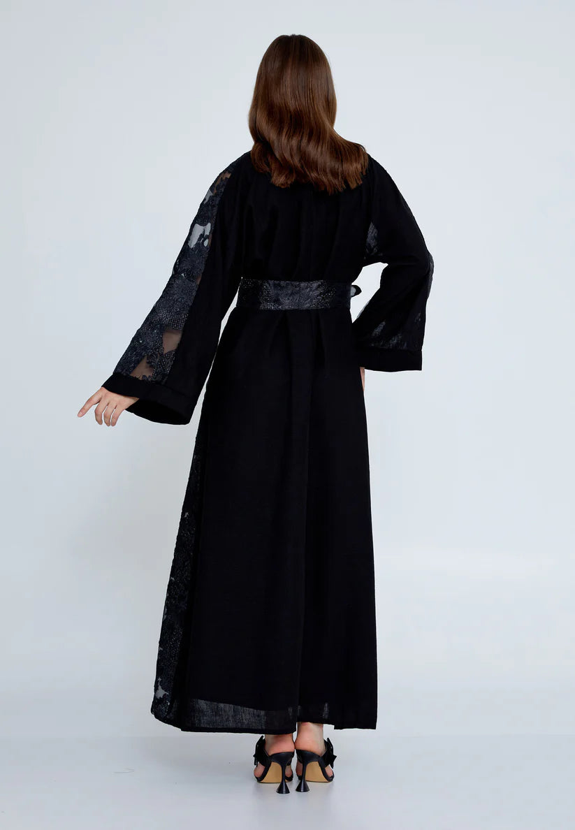 The Midnight Floral Tulle Overlay Abaya Set