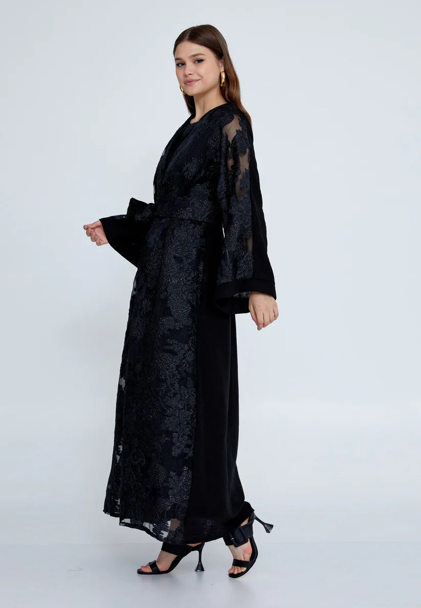 The Midnight Floral Tulle Overlay Abaya Set