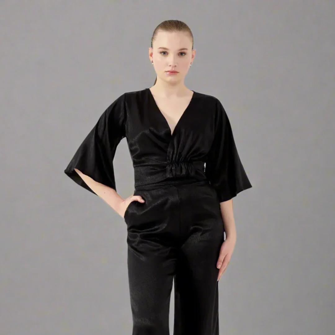 The Lustrous Draped V-Neck Kimono Blouse Top