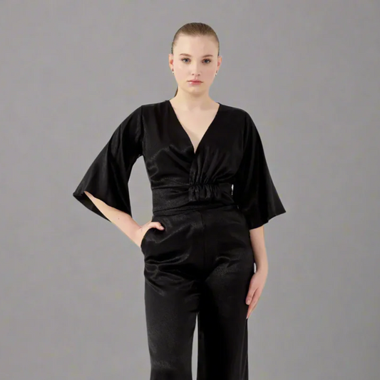 The Lustrous Draped V-Neck Kimono Blouse Top