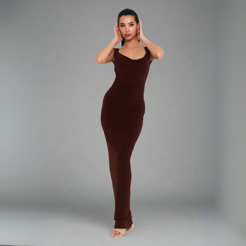 The Sculptural Open-Back Maxi Dress - Brown