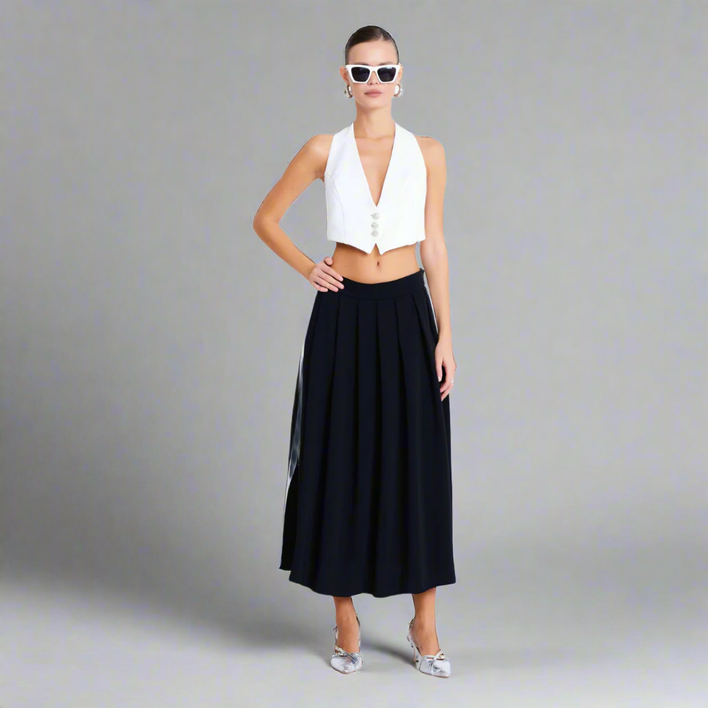 The Pleated Midi Skirt with Contrast Side Stripe