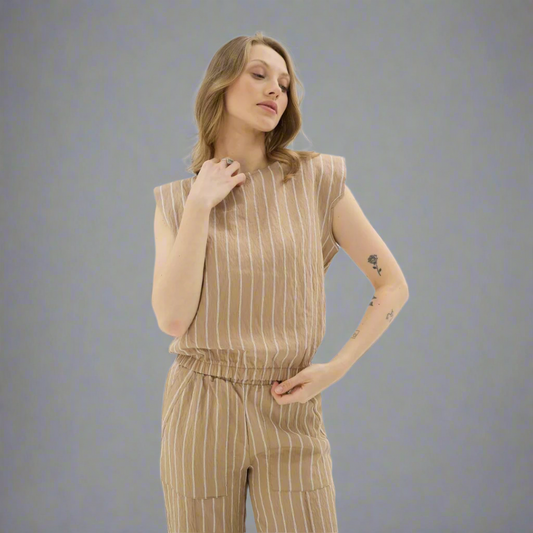 Pinstripe Sleeveless Top - Light Brown