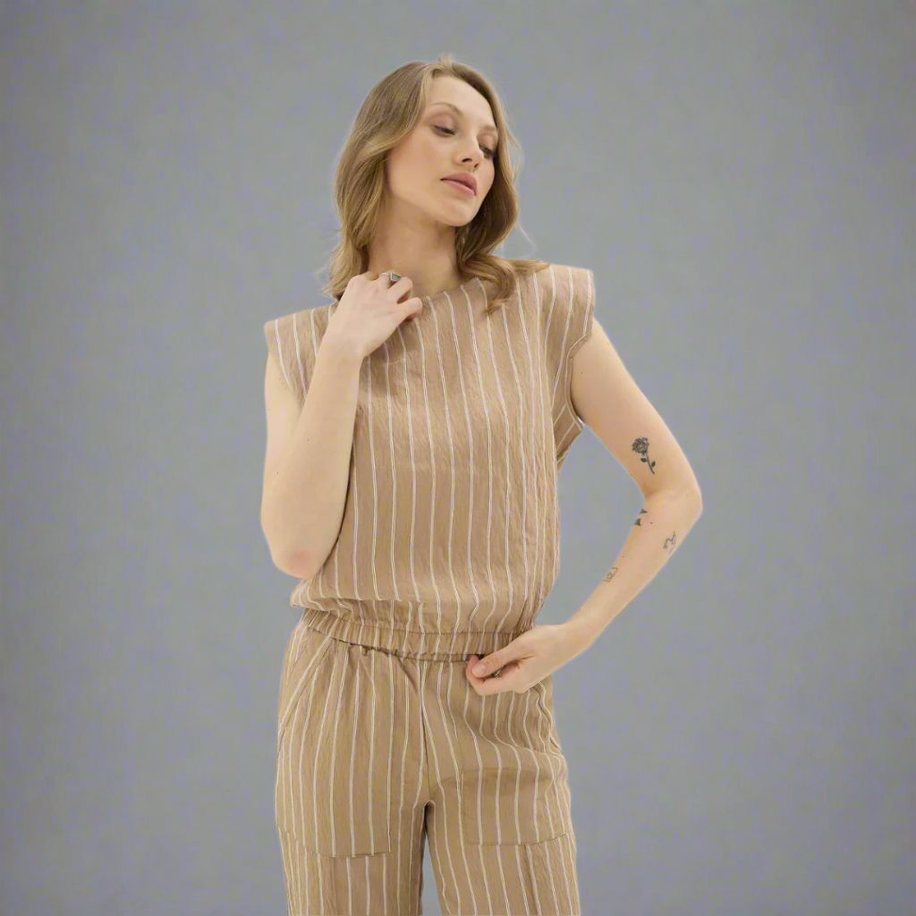 Pinstripe Structured Trousers - Light Brown