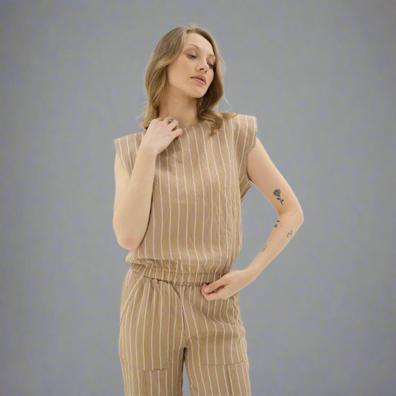 Pinstripe Sleeveless Top - Light Brown