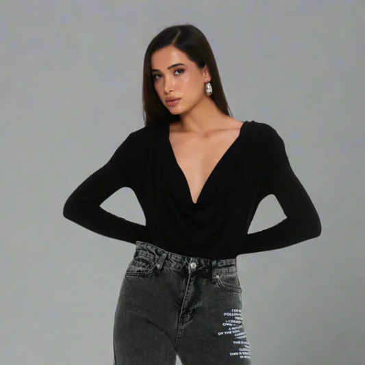 The Elegant Draped Wrap Bodysuit - Black