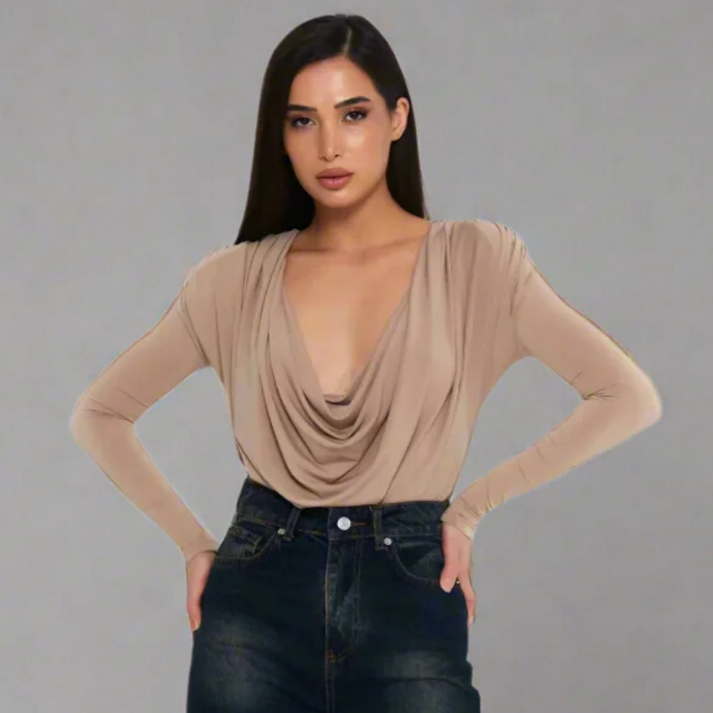 The Elegant Draped Wrap Bodysuit - Beige