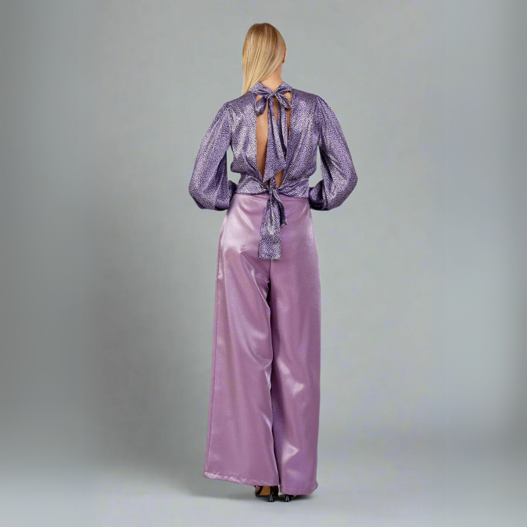 The Printed Open-Back Blouse with Voluminous Sleeves - Purple