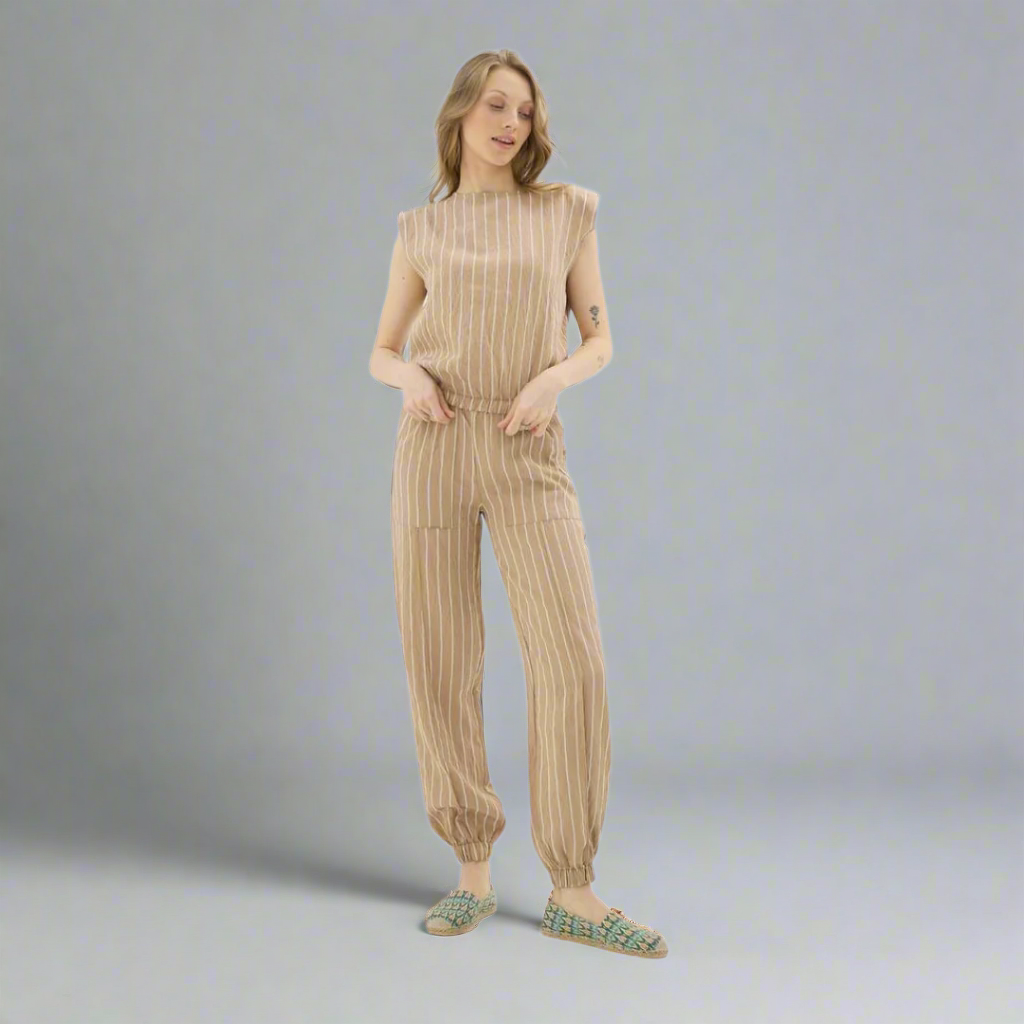 Pinstripe Structured Trousers - Light Brown