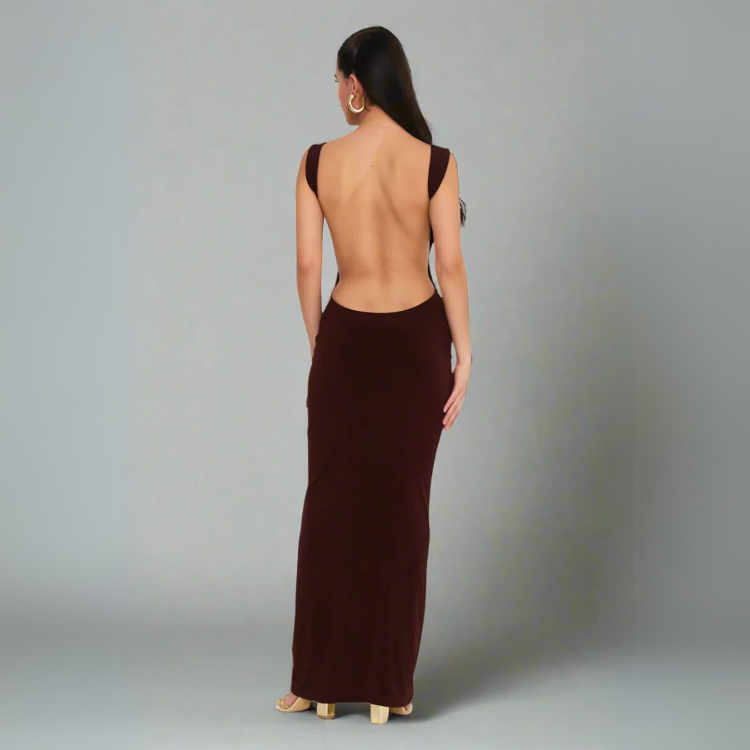 The Sculptural Open-Back Maxi Dress - Brown