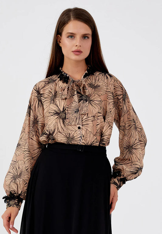The Elegant Floral Chiffon Two-Piece Set - Brown