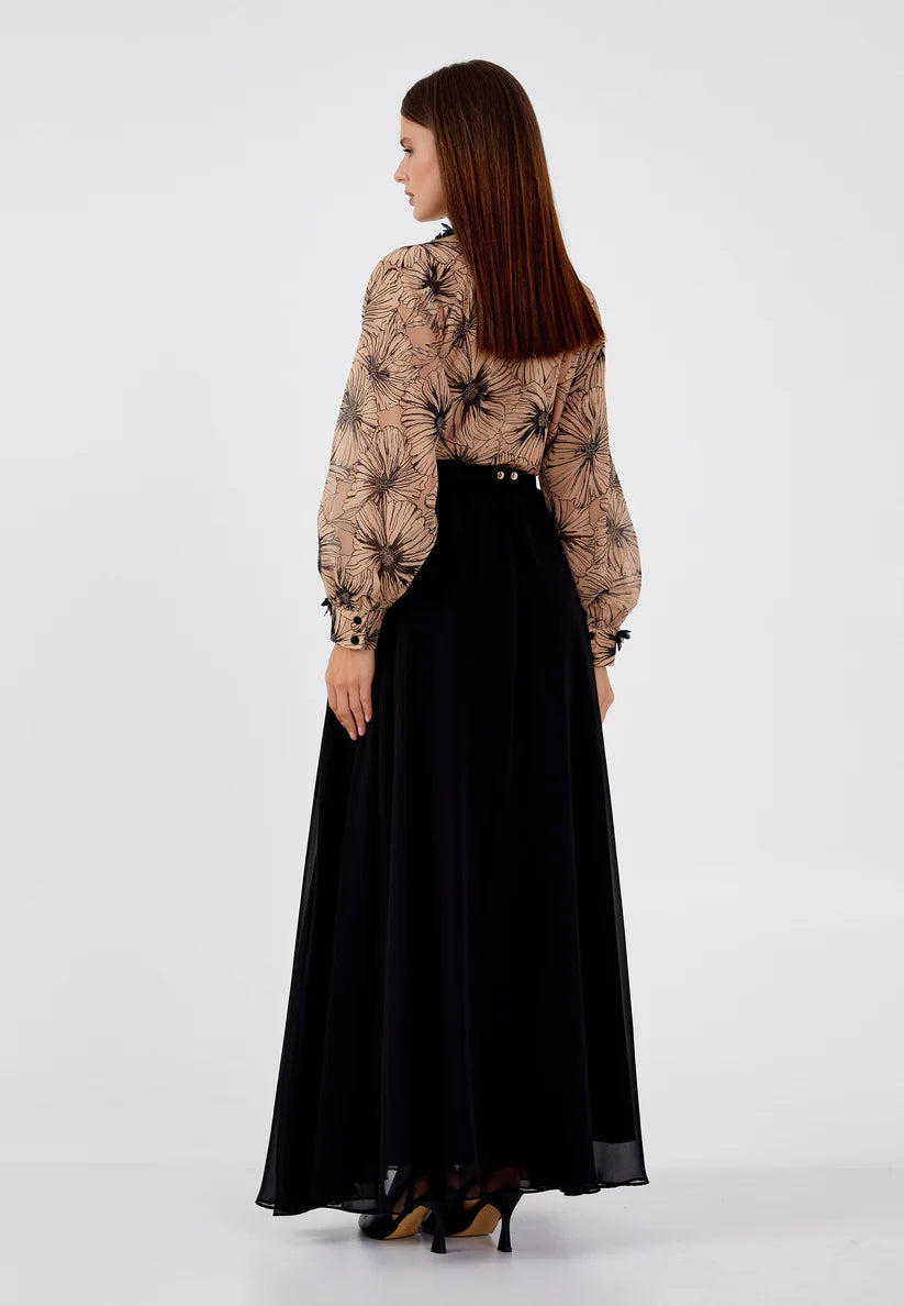 The Elegant Floral Chiffon Two-Piece Set - Brown