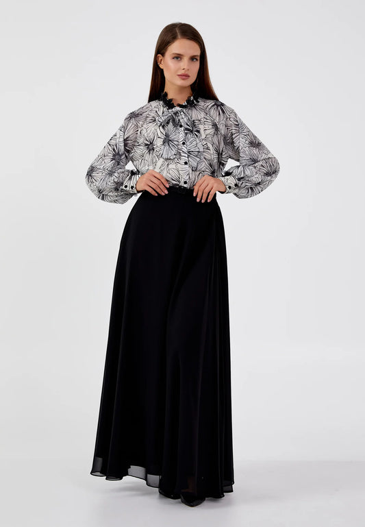 The Elegant Floral Chiffon Two-Piece Set - Beige