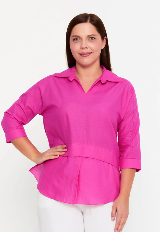 The Relaxed Fit V-Neck High-Low Blouse - Pink