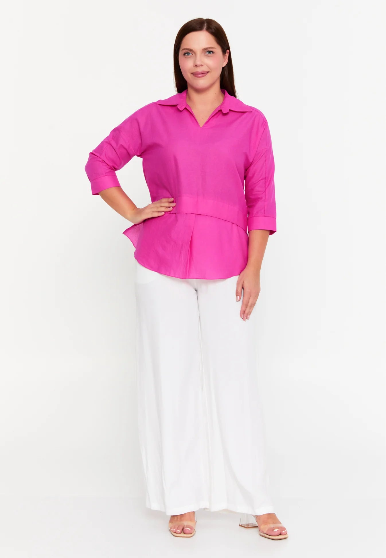 The Relaxed Fit V-Neck High-Low Blouse - Pink
